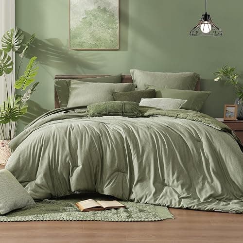 Monbix Full Size Comforter Set Sage Green 7 Pieces Bed in a Bag | Cationic Dyeing Reversible All Season Bedding Sets with Comforter, Sheets, Pillowcases & Shams - Image 1