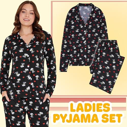Peanuts Snoopy Pajamas for Women Set Long Sleeve Lounge Top PJ Pants Sleepwear Cute Nightwear Loungewear Gifts for Women thumbnail 2