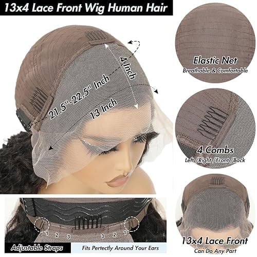 18 Inch Women's Real Hair Wig,Deep Wave Human hair Wig,200 Density 13X4 HD Transparent Lace Front Glueless Wigs For Black Women Pre Plucked,Natural Black Curly echthaar perücke (46cm) thumbnail 5