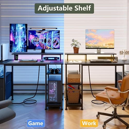 Furologee 61" Gaming Desk with Power Outlets & LED Lights, Reversible Computer Desk with File Cabinet & Monitor Stand for Home Office, Large Work Table with Storage Shelves & Drawer, Black thumbnail 6