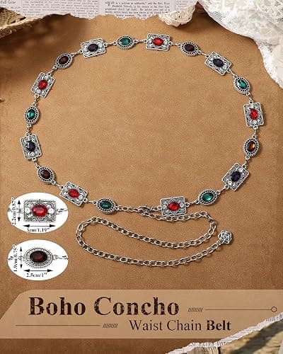 JKEEMI Women Western Concho Chain Belt Vintage Rhinestone Gems Boho Metal Waist Chain Jeans Dress Daily Concert Halloween thumbnail 3
