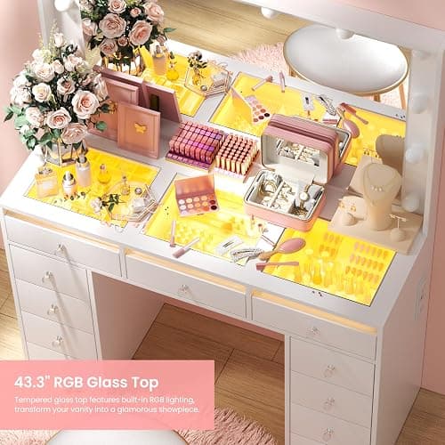 IFSEB Makeup Vanity Desk with LED Lights and Large 36.9’’ Mirror 11 Drawers | Vanity with RGB Glass Top & 3 Color Hollywood Bulbs, Make Up Vanity with Charging Station & Crystal Knobs, White thumbnail 6