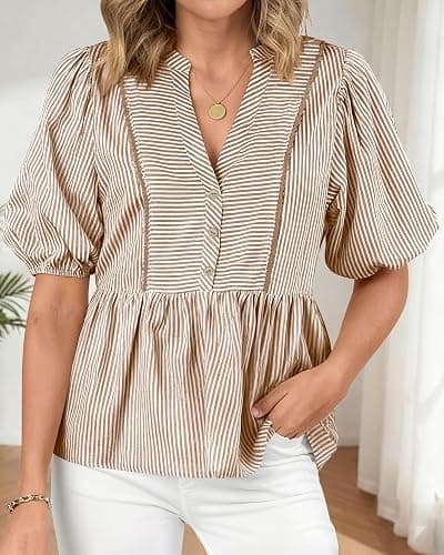 dowerme Womens Summer Tops 2026 Fashion Lantern Short Sleeve V Neck Button Peplum Shirts Spring Stripes Babydoll Blouses thumbnail 4