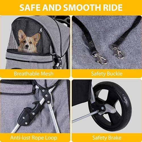 ZENY Foldable Pet Stroller, Cat/Dog Stroller with 4 Wheel, Pet Travel Carrier Strolling Cart with Storage Basket, Cup Holder (Grey) thumbnail 6