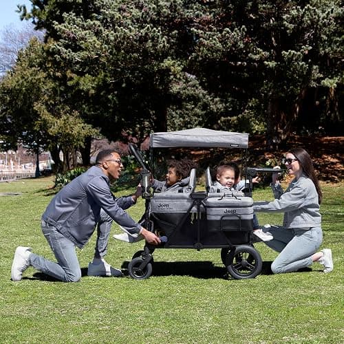 Jeep Wrangler Deluxe 4 Seater Stroller Wagon by Delta Children - Premium Quad Stroller Wagon for 4 Kids with Convertible Seats, Adjustable Push/Pull Handles, Removable Canopy & Flat Fold, Grey thumbnail 11