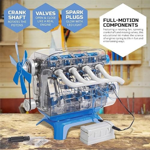 Discovery Model Engine Building Kit, DIY 4-Cylinder Combustion Engine, Working Pistons Fan Valves Belts LED Lights, STEM Mechanic Engineering Construction Experiment Set, Kids & Adults Gift thumbnail 4