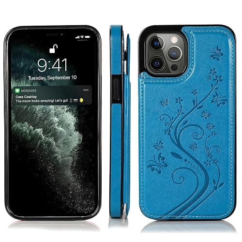 YAOZOCASE for iPhone Case,Retro Slim PU Leather Flower Butterfly Pattern Wallet,Card Holder Slots Full Body Military Grade Protection Soft Shockproof Phone Case (Blue,iPhone 14) - Image 1