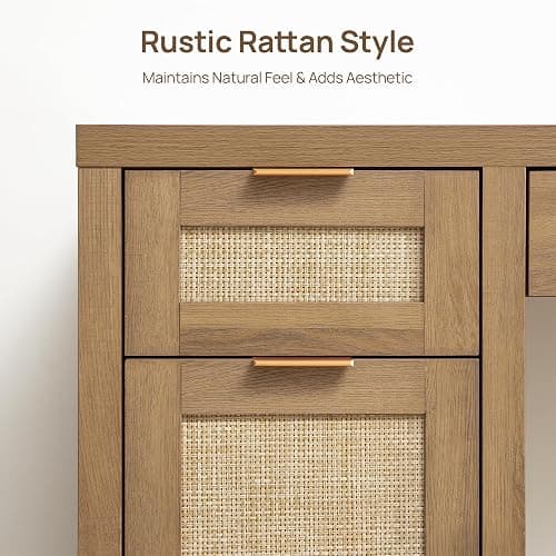 SICOTAS 52" Rattan Home Office Desk with 3 Drawers: Boho Executive Desk with 2 Storage Cabinets, Large Computer Writing Table for Study, Office, Living Room thumbnail 6