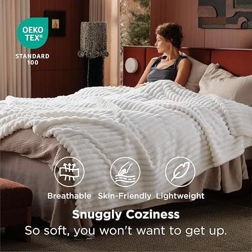Bedsure GentleSoft Blankets Queen Size for Bed - Cozy Soft Sofa Couch Cover Blankets for Women, Cute Large Bedding Fleece Throws for Girls, Off White, 90x90 Inches thumbnail 3