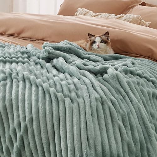 Bedsure Fleece Throw Blanket for Sofa - Fluffy Cosy Warm Blankets for Bed, Soft Cute Single Throw Gifts for Women and Girls, Sage Green, 130x170 cm thumbnail 4