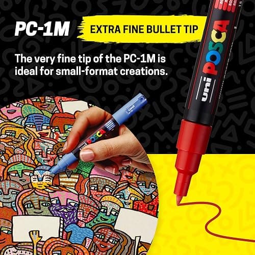 Posca Paint Art Markers, Set of 12 Extra Fine Point Acrylic Paint Pens for Coloring Gifts, Decorations, Fabric, Metal, Glass, Rocks, Wood and Canvas, Assorted Colors, PC1M12C thumbnail 3