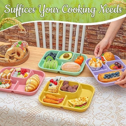 Pinkunn 8 Pcs 10'' Divided Plates Unbreakable Wheat Straw Dinnerware Lunch Trays Lightweight Reusable Plastic Compartment Microwave Dishwasher Safe Separator Plates (Green, Purple, Pink, Yellow) thumbnail 2