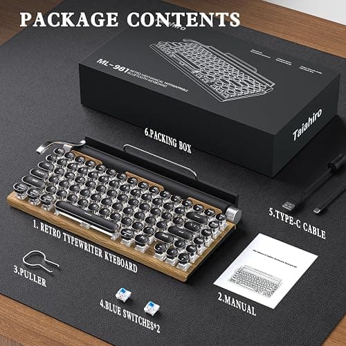 Retro Typewriter Keyboard Wireless, Mechanical Gaming Vintage Keyboard 83-Key Blue Switches Bluetooth 5.0 Punk Round Keycap, 14 Modes LED Backlight, Type-C, Compatible with PC/Laptop/Pad/Phone, Wood thumbnail 8