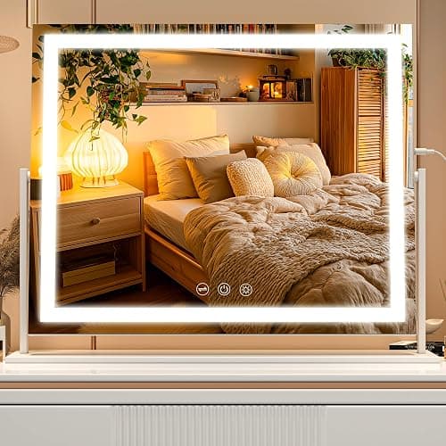 Batuso Vanity Mirror with Lights, 24'' x 20'' Lighted Makeup Mirror, Touch Screen with 3-Color Lighting, Dimmable for Vanity Desk Tabletop Square White - Image 1