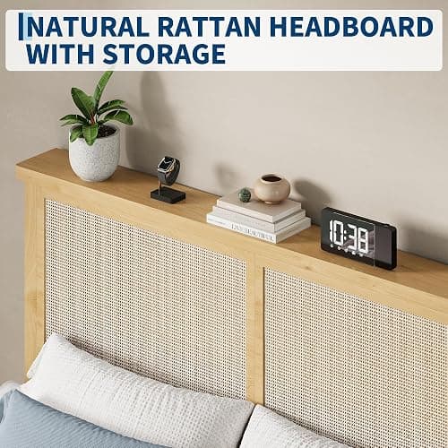 Garvee Bohemian Full Rattan Bed LED Natural Headboard Bedroom | Bohemian full rattan bed with natural headboard, LED lights, solid wood frame. No box spring needed for bedroom use. thumbnail 3