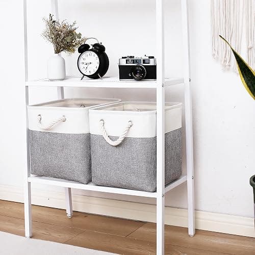 MidmmVick 11 x 11 Inch Cube Storage Bins, 6 Pack Large Collapsible Fabric Storage Bin with Ropes, Foldable Storage Cubes for Home, Office,Closet, Clothes, Toys Organizer (White & Grey-11"x11"x11") thumbnail 5