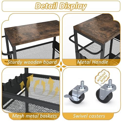 9.1" Wide Slim Rolling Utility Cart, 4 Tier Metal Narrow Storage Cart with Handle and Wood Top, Multifunctional Small Mobile Shelf Unit Organizer Trolley for Laundry, Bathroom, Kitchen thumbnail 4