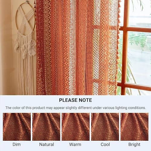 WAZZIO Burnt Orange Curtains Sheer 45 Inch Length Bedroom Short Small Cafe Rod Pocket Vintage Fall Privacy Let Light in Cotton Lace Boho 2 Panel, Terracotta thumbnail 8
