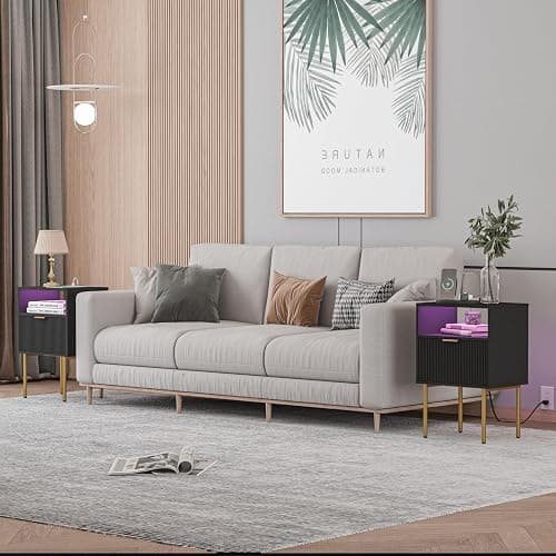 Modern Nightstand with Charging Station and LED Lights, Black Nightstand with Drawer, Fluted Nightstand for Living Room, Bedroom thumbnail 6
