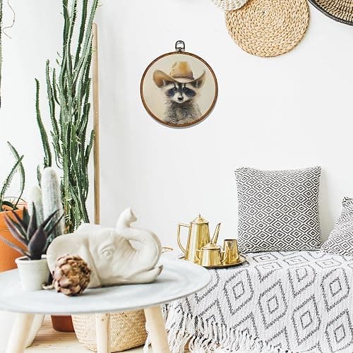 BCUANGD Western Trendy Round Wall Art Decor - Retro Raccoon Neutral Wall Art Canvas Frame Artwork Prints, Rustic Vintage Country Round Wall Hanging Decorations for Home Farmhouse Bedroom, 10"x10" thumbnail 5