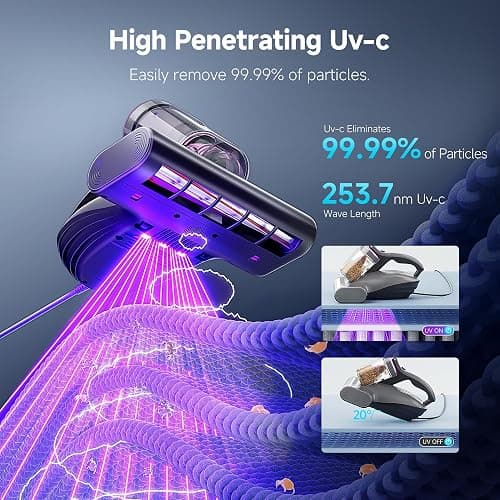 uwant Mattress Vacuum Cleaner, 16KPa 450W Suction Bed Vacuum Cleaner with 253.7nm UV-C Light & Ultrasonic, 149°F Heat, 36000 RPM/Min Tapping, HEPA Filter for Bed Sofa Crib Carpet thumbnail 7