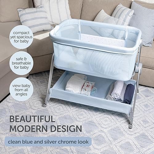 KOOLABABY Baby Bedside Sleeper - Bassinet & Bedside Crib with Height Adjustment & Wheels - Can Be Placed Next to Bed - Attaches to Parents Bed - Easy to Fold & Carry Bassinet for Boys (Blue) thumbnail 6