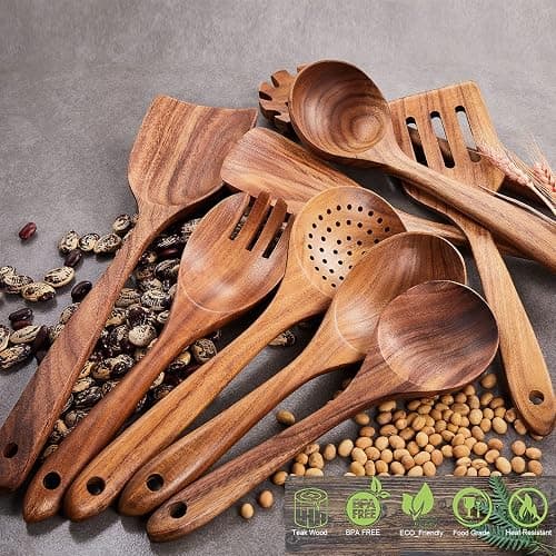Wooden Kitchen Utensils Set,GUDAMAYE 9 PCE Natural Teak Wooden Spoons For Non-stick Pan for Cooking, thumbnail 7