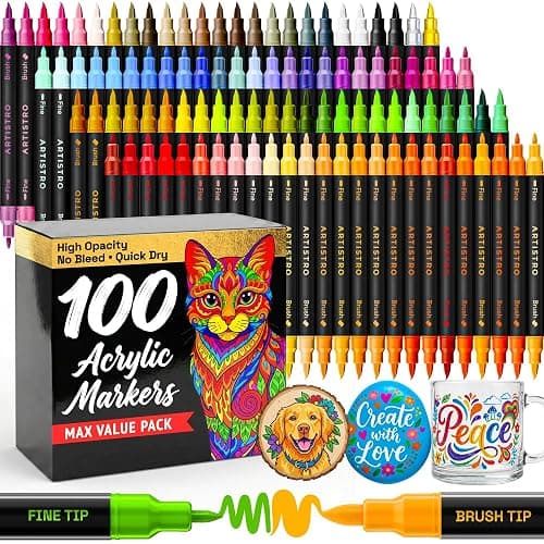 ARTISTRO 100 Acrylic Dual-Tip Glass Marker Pens for Wine Glasses | Brush + Fine Tips Vibrant Dual Tip Paint Pens for Party Charms, DIY, Craft - Art and Craft Supplies for Adults, Teens, Kids - Image 1