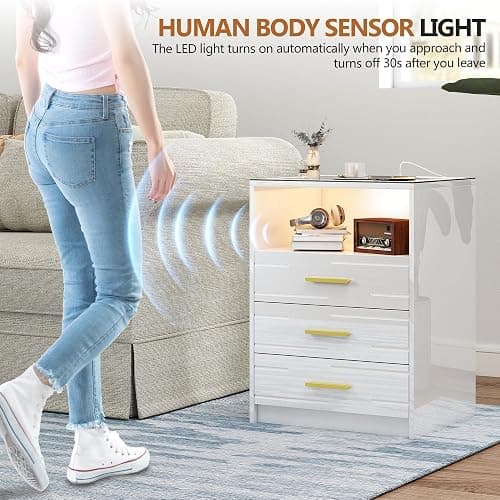 JDPAG High Gloss LED Nightstand with Charging Station & 3 Color Dimmable Light Modern for Bedroom White, Smart Bedside Table with 3 Drawers & USB Type-C Port for Home thumbnail 4