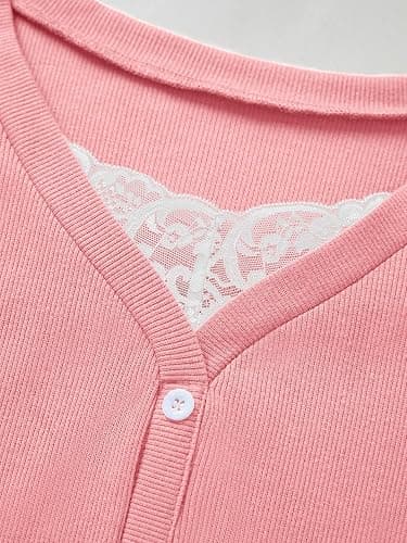 Womens Lace Long Sleeve Top Paneled Henley Shirts Y2k 2000s Fitted Going Out Tops Blouse thumbnail 4