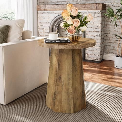 Tribesigns Farmhouse Round End Table, Wooden Couch Side Table with Octagonal Base, Rustic Brown Nightstand Pedestal Accent Furniture for Living Room, Bedroom (2) thumbnail 3