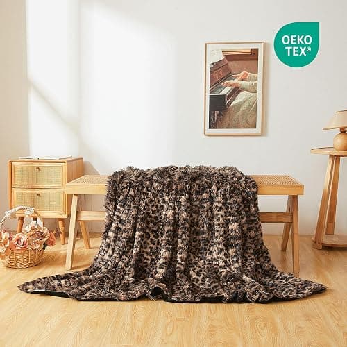XeGe Fluffy Faux Fur Cheetah Print Throw, Soft Plush Fuzzy Leopard Print Lap Blanket, Luxury Shaggy Couch Throw Sofa Chair Bed Car, Vintage Decorative Farmhouse Furry Blanket, Brown and Black, 50x60 thumbnail 4