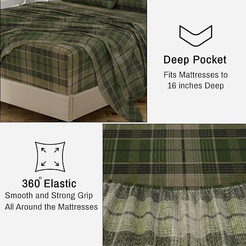 RUVANTI Flannel Sheets Queen Size - 100% Cotton Double Brushed Bed Sheets, Deep Pockets 16 Inches Queen Sheet Set, All Seasons Breathable & Extra Soft - Warm & Cozy, 4 Piece, DNA Plaid thumbnail 6
