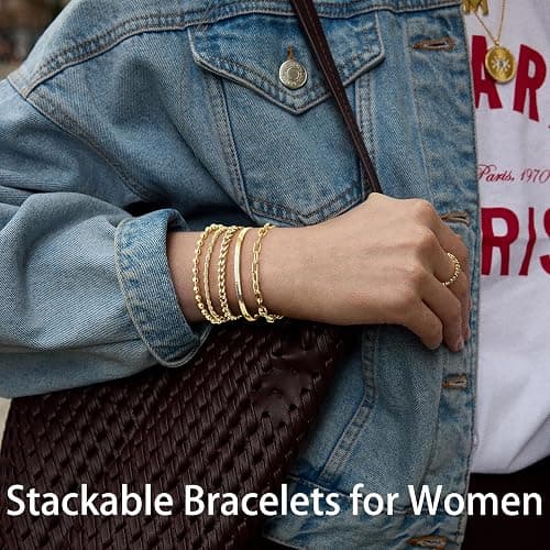 Poxtex Gold Bracelets for Women, 14K Real Gold Dainty 7" +2" Adjustable Multilayer Trendy Bracelets Set for Women Waterproof Inclued Beaded, Cuban, Paperclip, Snake, Rope, Figaro, Mirror, Satellite thumbnail 7