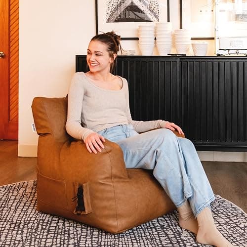 Big Joe Dorm Bean Bag Chair with Drink Holder and Pocket, Caramel Vegan Leather, Kids and Teens, 3 feet thumbnail 2