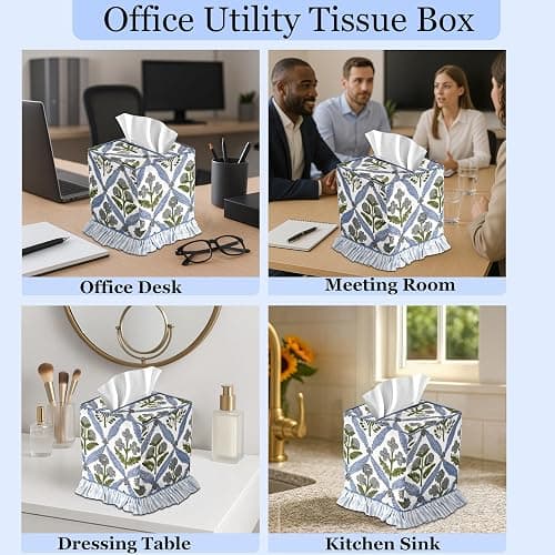 Ridhi Light Steel Blue Block Print Ruffle Tissue Box Cover Handmade Cotton Decorative Square Napkin Holder for Home Bedroom Living Room Bathroom Vanity Countertop Car Office Kitchen thumbnail 6