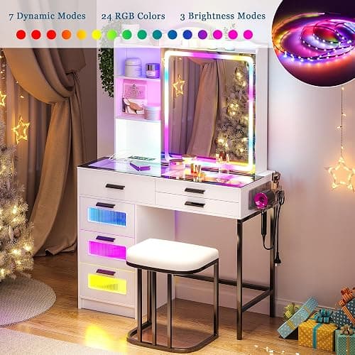 WOOVIVS Glass Top Vanity with LED Mirror, 6 Drawer Dresser with Charging Station for Bedroom, Small Makeup Vanitys Table with RGB Light, Vanity Set with Chair,Jewelry Organizer for Girls-White thumbnail 6