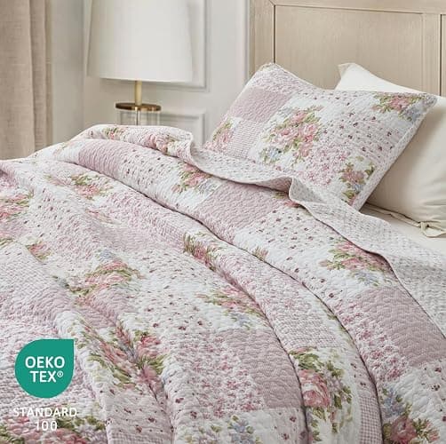 Chezmoi Collection Rosy 3-Piece Printed Patchwork Cotton Quilt Set, Full Size - Pink Flower Floral Striped Polka Dots - Stone Washed Lightweight Bedspread thumbnail 6
