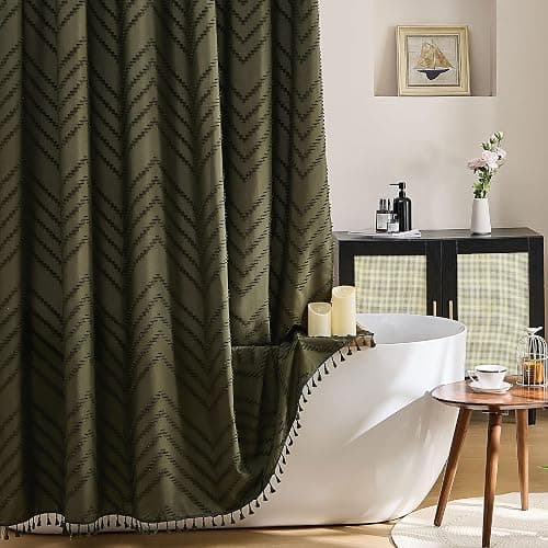 Siiluminisoy Long Shower Curtain Olive Green Boho Shower Curtain with Tassel for Bathroom, 72 x 78 Woven Fabric Modern Textured Tufted Chevron Striped, Machine Washable - Image 1