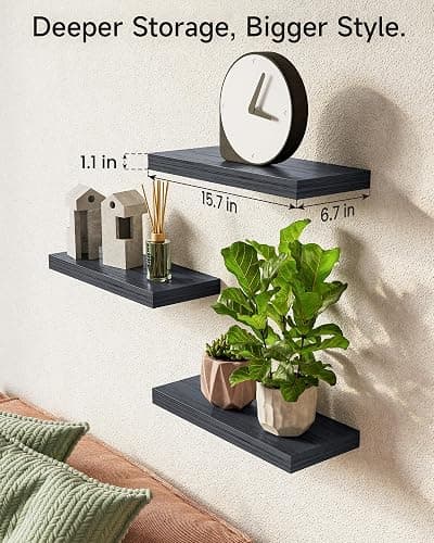 BAYKA Floating Shelves for Wall, Wall Mounted Rustic Wood Shelves for Bathroom, Bedroom, Living Room, Kitchen, Hanging Shelf for Books/Storage/Room Decor with 22lbs Capacity (Black, Set of 3, 15.7in) thumbnail 3