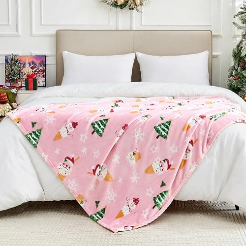 Edenleaf Christmas Blanket Soft Cozy Pink Throws with Snowman Snowflake Santa Claus and Xmas Trees Print, Fuzzy Warm Christmas Throw Blanket for Couch Bed Holiday Decorations Gifts 50"x60" (Pink) thumbnail 4