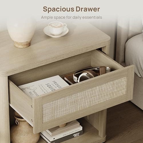 SICOTAS Night Stand Set of 2 26" Wide Large Nightstands with Drawer & Shelf Storage Rattan Bedside Table Boho End Table Tall Bed Side Tables Night Stands for Bedroom Living Room Sofa Office, Sand Oak thumbnail 5