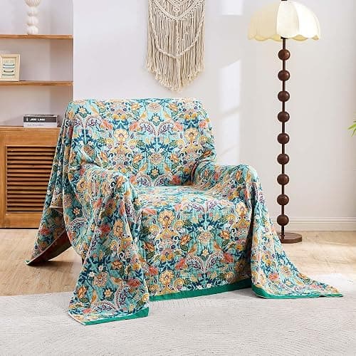 XIBLC Boho Blanket Throw Quilt, 100% Cotton Soft Light Weight Throw Blankets for Summer, 50"x60" Farmhouse Flower Decorative Blankets, All Season Rustic Reversible Bohemian Throw Quilt thumbnail 2
