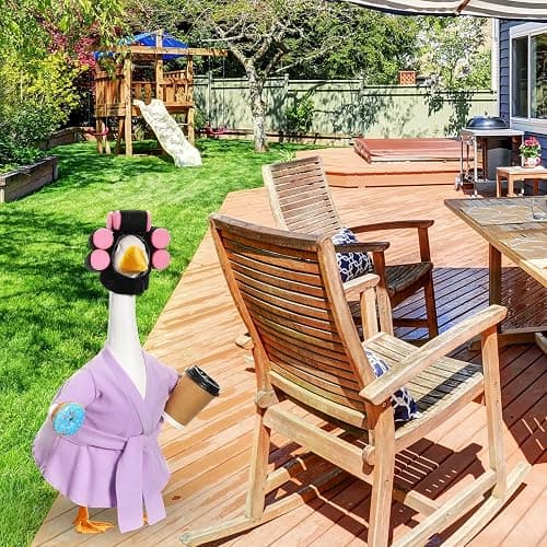 Shyyween 23 Inch Porch Goose Summer Outfit Light Purple Goose Bathrobe Statue Clothes Coffee Cup Curlers for Cement Plastic Lawn Geese Outdoor Garden Yard Patio Decoration thumbnail 7