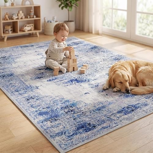 jxgzyy Washable Area Rug 5x7, Non Slip Carpet, Blue Tidal Style | 0.2" Low Pile Soft Carpet Kids and Pets Friendly, Stain-Resistance Home Decor for Bedroom Dining Kitchen Living Room thumbnail 6