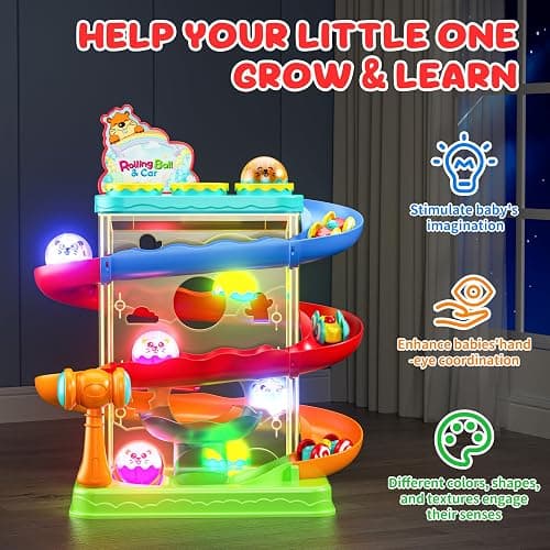 2-in-1 Ball Drop & Car Ramp Race Track Montessori Toy for Toddlers Ages 1-5 | Hammer Rolling Ball, Launch and Race Car-Cause and Effect Sensory STEM Learning Toys for 1-5 Year Old Boys & Girls thumbnail 3