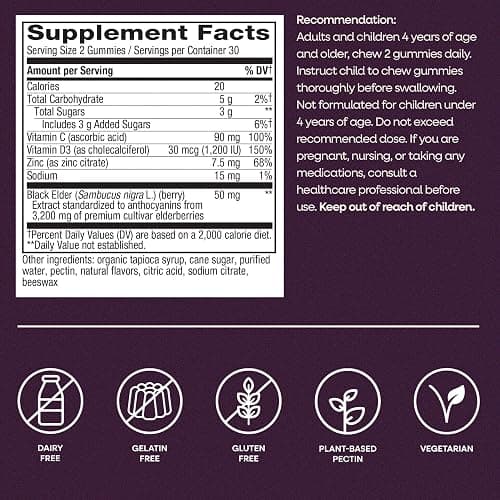 Nature's Way Sambucus Elderberry Gummies for Immune Support* Ages 4+, 60 ct | Immune Gummy with Black Elderberry Extract, Vitamin C, D3, Zinc, and Superfood Antioxidants*, Adults & Kids Ages 4+ thumbnail 7