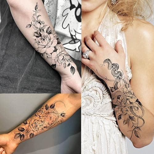 Bilizar 64 Sheets Long Lasting Flower Temporary Fake Tattoos For Women Arm Neck, Jellyfish Sunflower Moon Rose For Adults Girl, 3D Temp Realistic Snake Tatoo Stickers Serpent Peony Floral Kids - Floral thumbnail 4