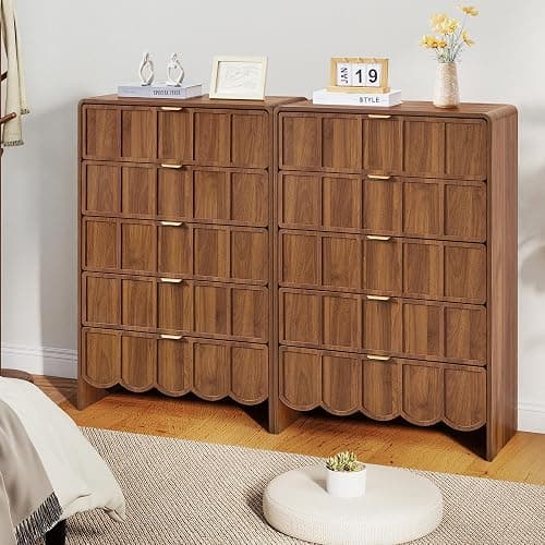 ORRD 5 Drawer Dresser for Bedroom, Modern Closet Chest of Drawers with Wave Fluted Drawer, Wood Storage Small Dresser Organizer for Nursery Bedroom Living Room Hallway Closet (Walnut) thumbnail 6