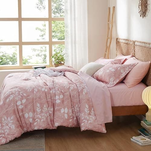 Bedsure Queen Comforter Set - 7 Pieces Floral Pink Soft Bedding Sets, Queen Bed in a Bag with Botanical Flowers Comforter, Sheets, Pillowcases & Shams - 09 - Pink - Floral - Queen thumbnail 6
